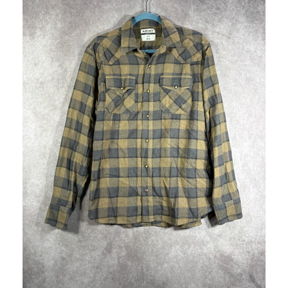 Ariat Button Down Shirt Mens M Brown Plaid Retro Fit Flannel Western Snap Cotton